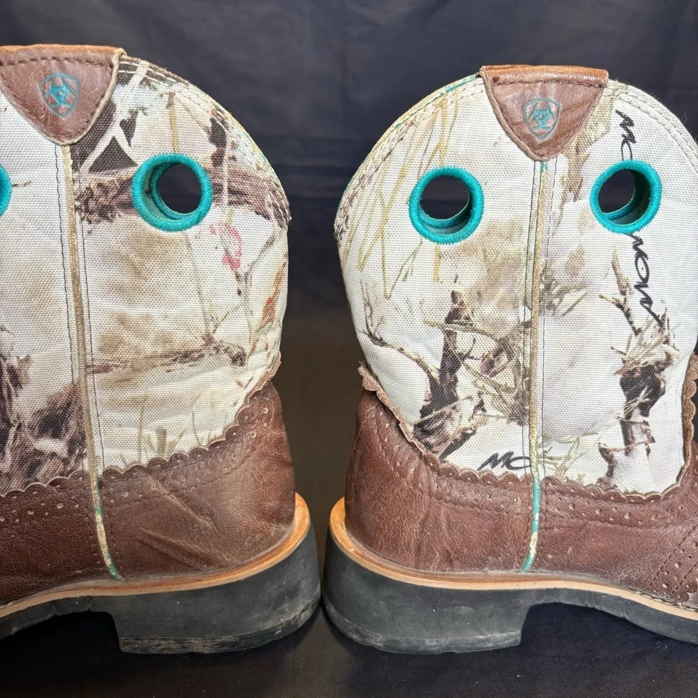 Ariat Fatbaby Youth 6.5B Western Pull-On Boots Brown Camo Teal Accents 10009503
